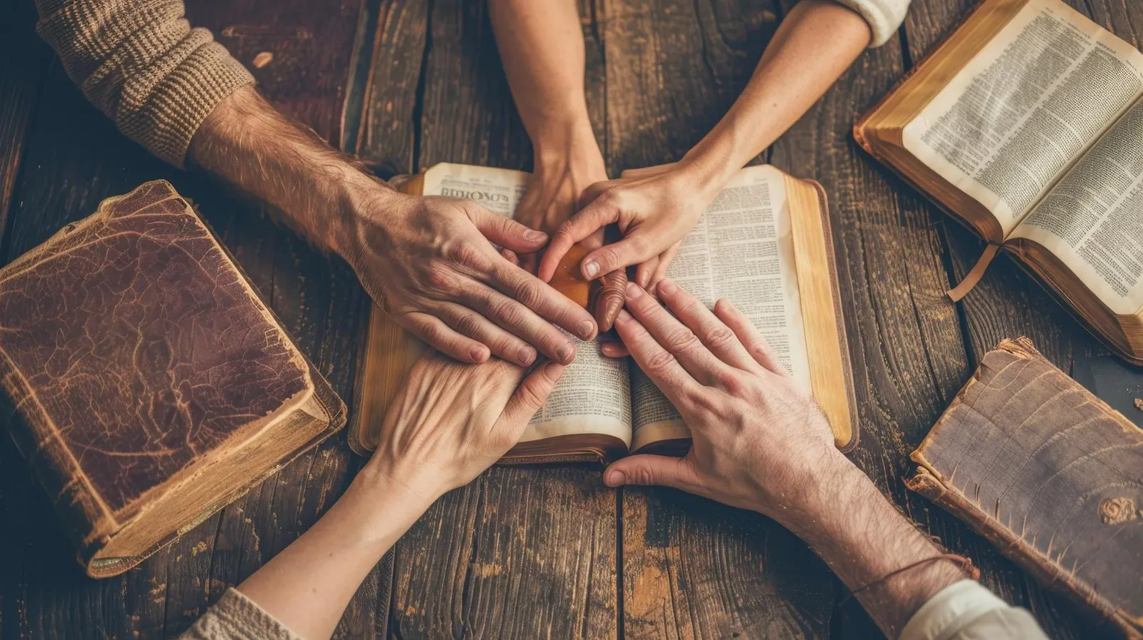Hands joined over several open Bibles